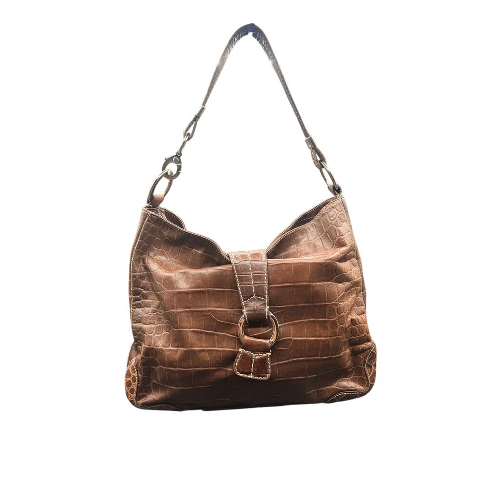 Donald J Pliner Brown Croc Embossed Leather Shoulder Bag Hobo